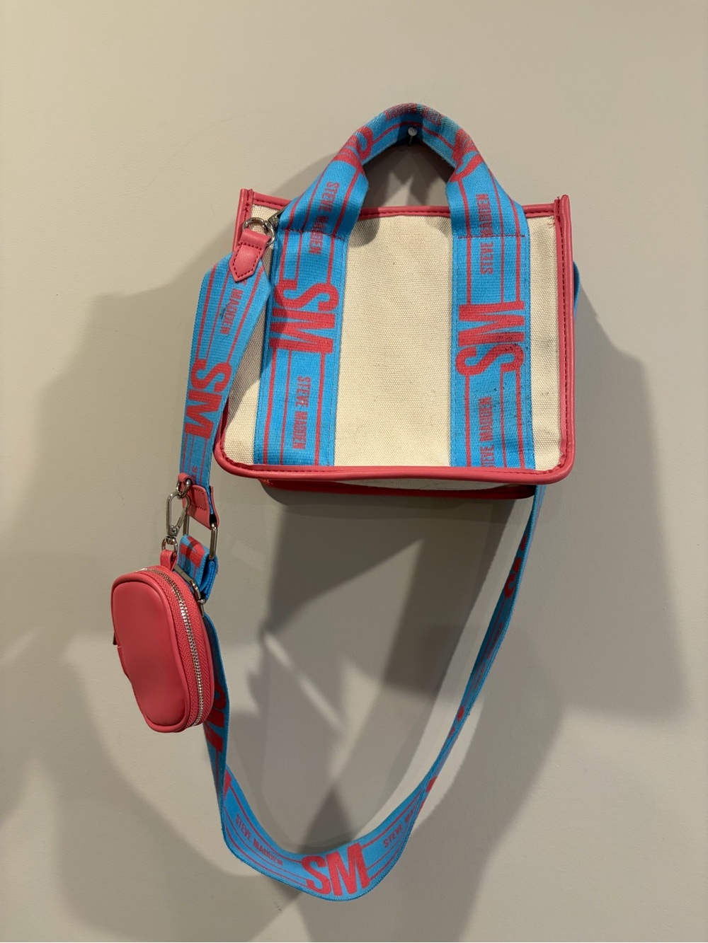 Steve Madden Cream Canvas Crossbody with Pink Trim and Blue Logo Strap